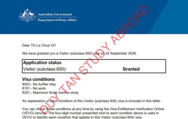 Chúc mừng visa du lịch Úc 2026, Võ Thị Lệ Chua!