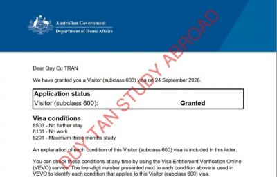 Chúc mừng visa du lịch Úc 2026, Trần Quý Cư!