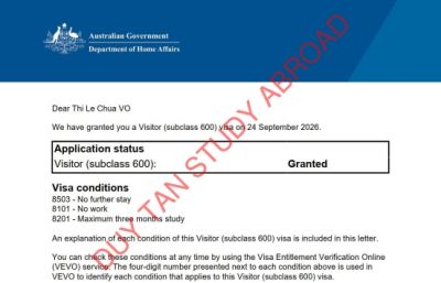 Chúc mừng visa du lịch Úc 2026, Võ Thị Lệ Chua!