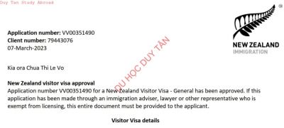 Visa du lịch New Zealand - Võ Thị Lệ Chua