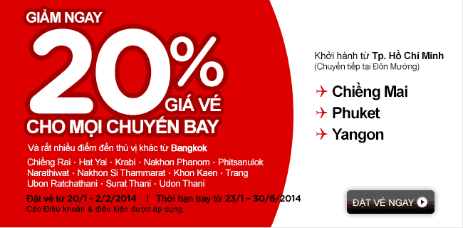Air Asia giảm 20% tất cả các chuyến bay!